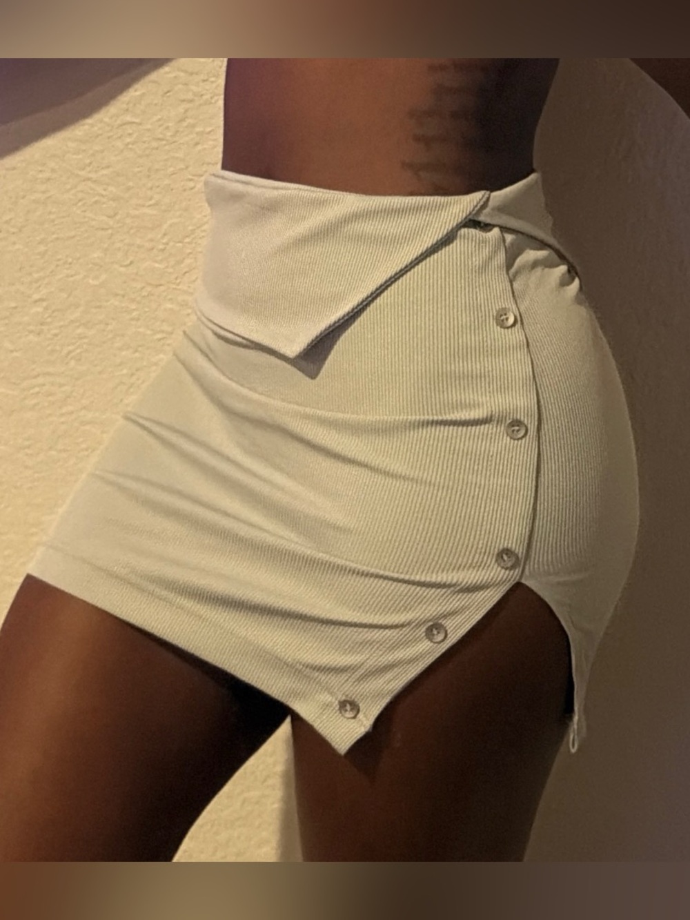 Ribbed Button-Accent Mini Skirt in Grey